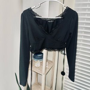Black cropped lace top with back tie